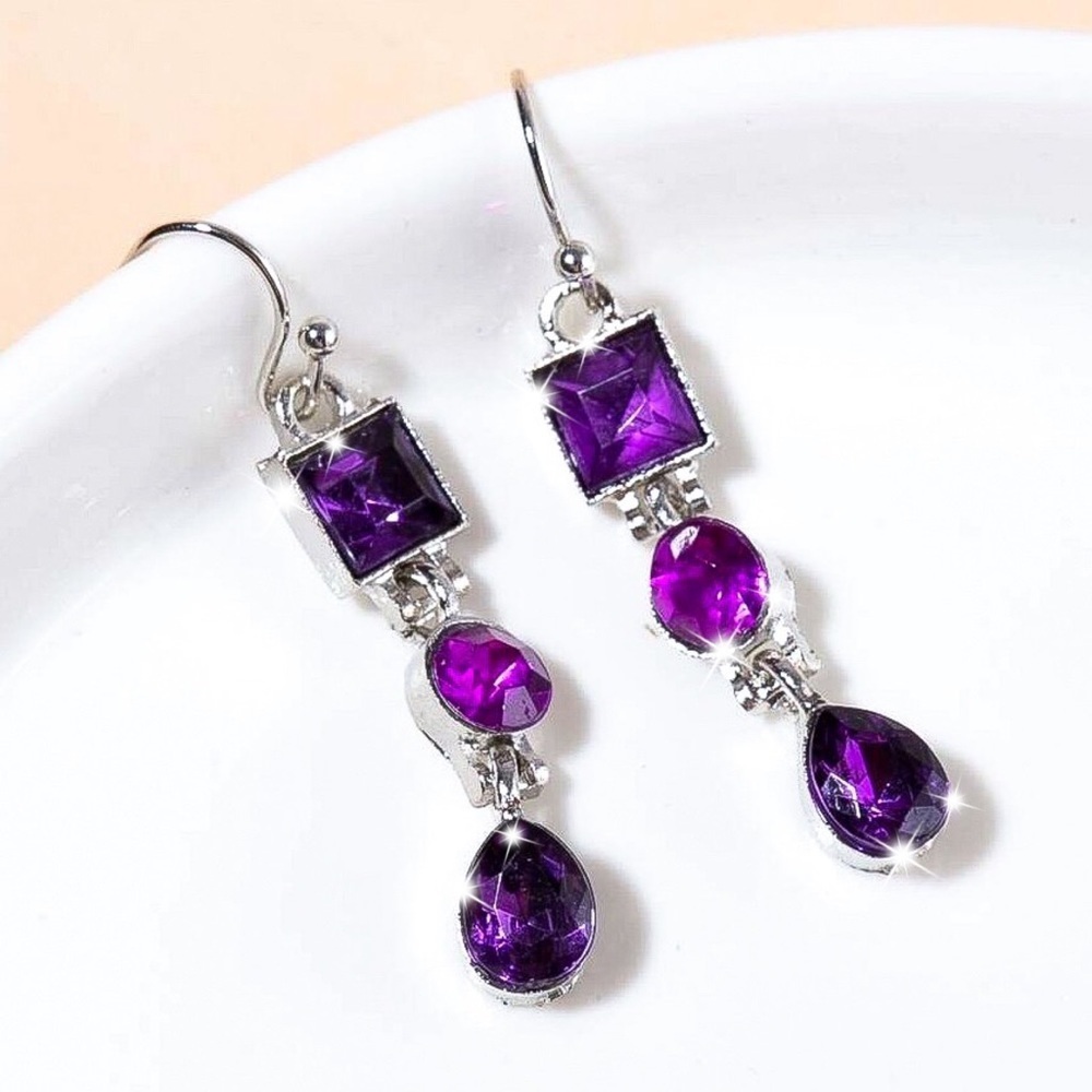 Silver Purple Crystal Geometric Dangle Earrings - Picture 2 of 4